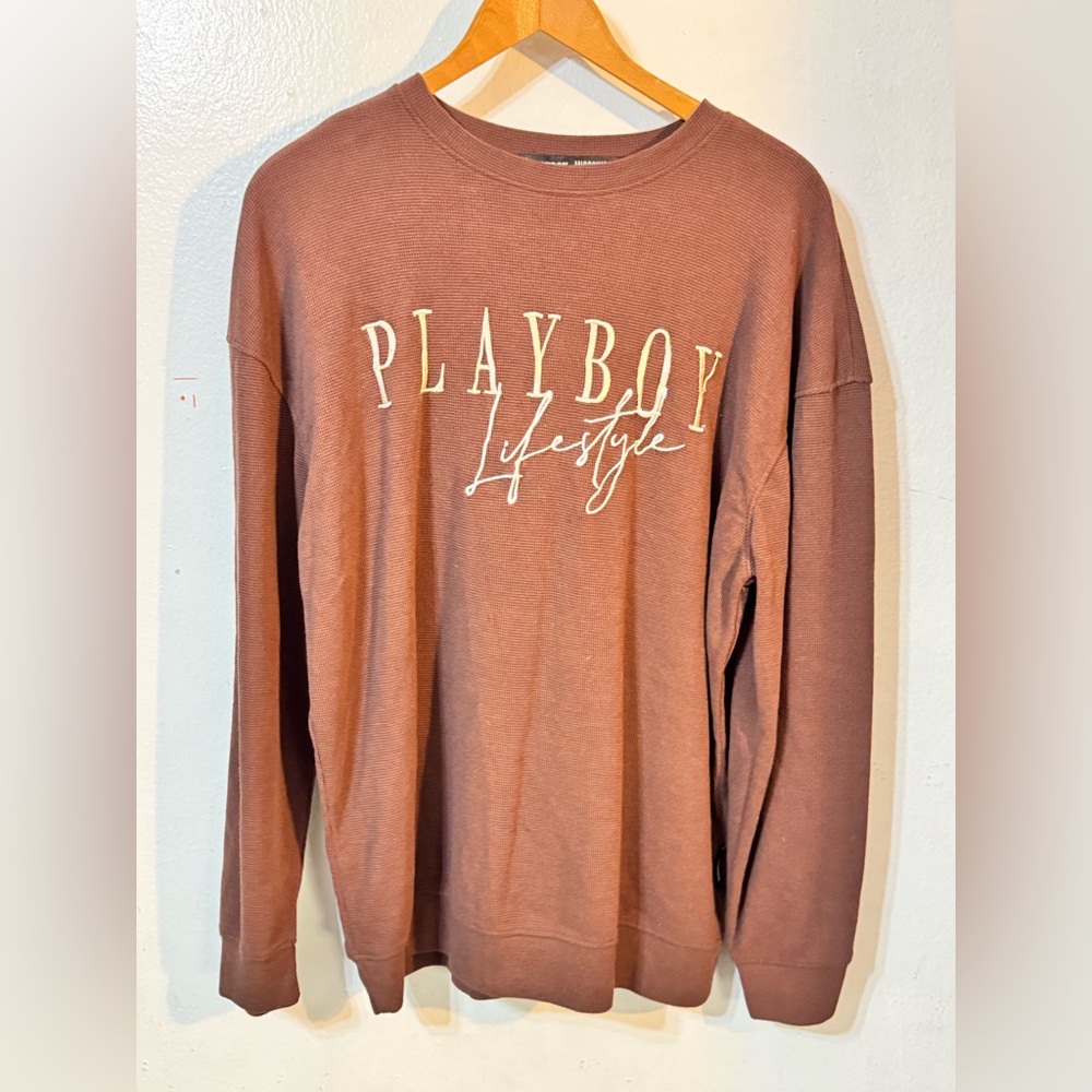 Playboy Missguided Brown Waffle Knit Pullover Sweatshirt Women’s 6